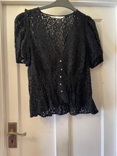 New Zara Black Lace Short Sleeve Sparkly Button Blouse Top,Med