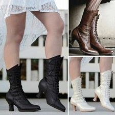 New Women Lace Up Victorian Lolita Mid-Calf Boots Steampunk Leather High Heel
