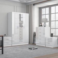 Bundle - 3DR Mirror Wardrobe + Chest + 2x Bedsides - White/White REFLECT