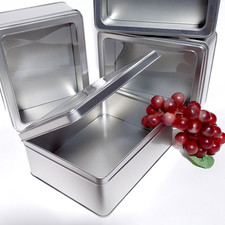 5x Large Silver Metal Tin Boxes with Hinged Window Lid  195 x 153 x 76mm  1400ml