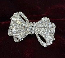 Vintage Antique Art Deco Diamanté Paste Flowing Bow Dress Clip Duette Brooch Pin