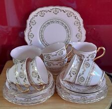 English China, Pink & Gold 6 cups, saucers, plates, milk, sugar & cake plate