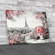 Paris Oil Painting With Roses Eiffel Tower Canvas Print Large Picture Wall Art