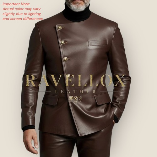 Men brown leather suit set - brown,