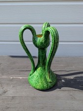 Vtg Flemish Earthenware Triple Handled Flower Vase Green Drip Glaze Art Pottery