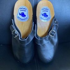 Unisex Natural Leather Wooden Clogs Orthopedik, Size 8/9 (42) Black New