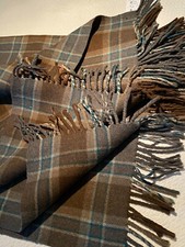 Very Thick & Heavy Brown Teal Plaid 100% Wool Purl Fringe Blanket 52"x 76"