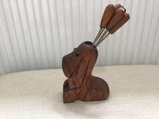 Vintage Wooden dog Olives Hors D’oeuvres With 6 Forks Appetizer Cocktail picks