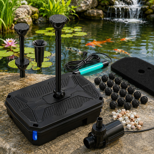 Pond filter with 12w v - filter, u-v