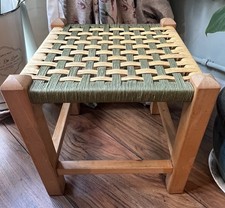 Vintage Woven Stool 1970s Wooden Footstool Or Plant Stand Green Natural VGC