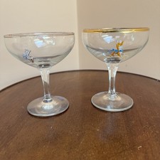 Retro Collectable Vintage Original Babycham Glasses X 2 Hexagonal Stem Gold Rim