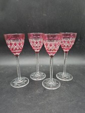 Val St Lambert Cranberry Etched Crystal Cordial Aperitif Set Four Glasses 13cm