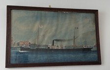 Vintage Framed Watercolour Steam Boat Painting Behind Glass