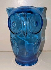 BEAUTIFUL VINTAGE 1960s CASCADE BLUE GLASS OWL MONEY BOX PIGGY BANK 