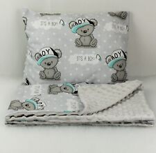 blanket +pillow set for bedside crib pram cradle grey teddy bears boy dimple