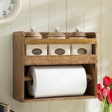 Rustic Wooden Kitchen Wall Rack 3 Ceramic Tea Coffee Sugar Jars Paper Roll Bar