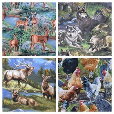 Nature Reserve Fabric Wild Animals 100% cotton -Stag, Wolf, Deer, Hen