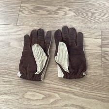 VINTAGE LADIES SHEEPSKIN AND MATERIAL DRIVING GLOVES IN BROWN AND CREAM -MEDIUM