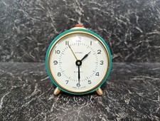 Vintage USSR Alarm Clock, Green Original Soviet Mechanical Clock. Metal & Glass