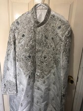 XL Grooms Sherwani White Patterned Fabric With Silver Embroidery With Kullah 