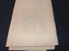 1 x VINTAGE FRENCH  MONOGRAMMED K M METIS  SHEET  WITH LADDERWORK HEM 215X300