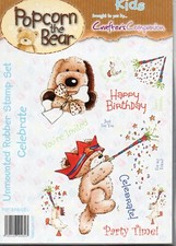 Crafters Companion :  Popcorn the Bear : Unmounted Rubber Stamp : Celebrate
