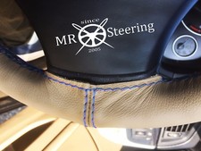 FOR 62+ FORD CORTINA MK1 BEIGE LEATHER STEERING WHEEL COVER LIGHT BLUE DOUBLE ST