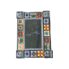 15" PUNCHED TIN MIRROR with mixed talavera tile mexican folk art