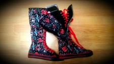 UNDERGROUND Tatdoo BLACK & RED Tattoo Hi TOP High Leg BOOTS UK 3 4 BNIB