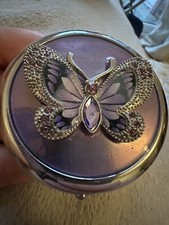 Round Lilac Purple Butterfly Jewelled Diamanté 2 Mirror Compact Silver Tone