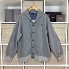 Fred Perry Button Up Cardigan Size XL Grey Cotton Sweatshirt Shawl Collar Pocket