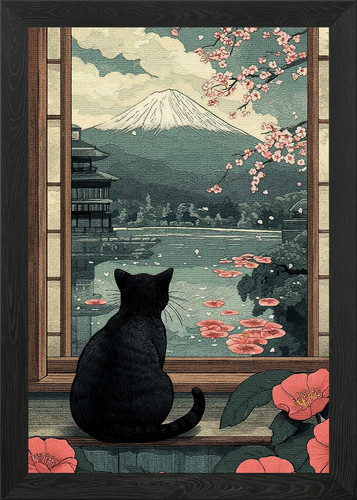 Cat japanese landscape framed - cat,
