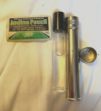 VINTAGE BOOTS GLASS IODINE PENCIL WITH STEEL SCREW-TOP CANISTER 7.5CM