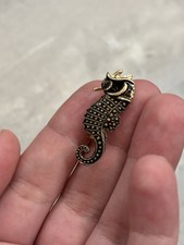 Vintage Hong Kong Seahorse Pin Brooch Black Enamel Gold Tone Nautical 1960s