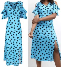 £59 • Wallis • Blue Spot Printed Cold Shoulder MIDI Dress Sz 10 UK. BNWT