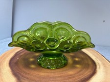 L E Smith Green Moon & Stars Glass Footed Banana Boat Fruit Bowl Dish 9x5" 1970s