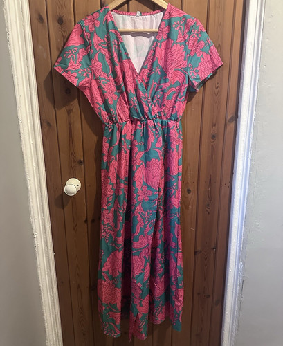 Green pink floral - green, &