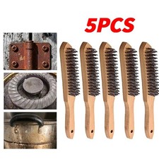 5Pcs Wire Brush 4 Row Cleaning Wooden Handle Steel Heavy Duty Metal Rust Removal