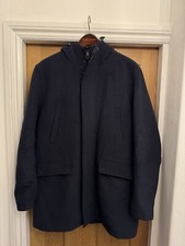 Zara Man Mens Wool Style Navy Hooded Duffle Coat Fur Lined Size Large Fashion