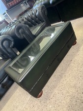 Chesterfield Green Real Leather Coffee Table Footstool With Glass Top
