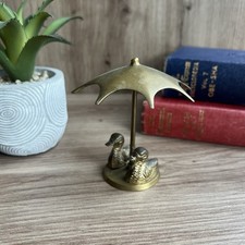 Vintage Solid Brass Pair Of Ducks with Umbrella Figurine Kitsch Home Decor
