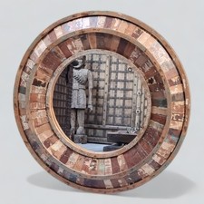 Vintage Indian Reclaimed Wood Round Mirror, Handcrafted Rustic Wall Decor, 1900s