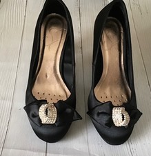 Evans black satin high heel shoes diamante bow embellishment 5EEE wide fit retro