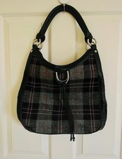 Dents Black Grey & Red Tartan Effect Handbag with bright red interior 