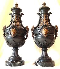 FABRICATION FRANCAISE PARIS SPELTER FRENCH SIDE URNS MASK HEADS MARBLE BASE 46CM