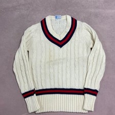 Vintage Knitted Jumper Cable Knit Patterned V-Neck Grandad Cricket Sweater Men's