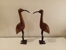 Pair Of Vintage Hand Carved Wooden Ibis Crane Heron? Birds Folk Art Sculptures