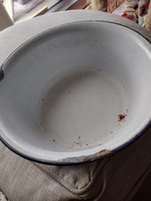 Vintage Deep Enamel Large Bowl Blue Rim Rustic Planter Farmhouse Dog Distressed