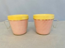 1950's plastic thermal cups pink gingham, yellow interior good used cond
