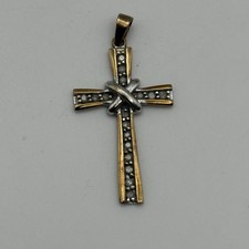 Two Tone Yellow & White 9ct Gold 0.25CT Diamond Cross Pendant 4mm Loop 9K Gold